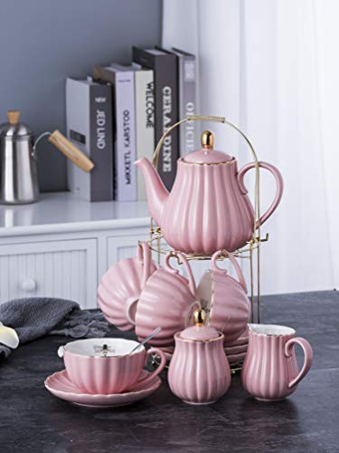 Jusalpha Pink Tea Set for 4 - 17-Piece Coffee & Tea Service with Cups, Saucer, Teapot, Sugar Bowl, Creamer & Accessories - Serve in Style