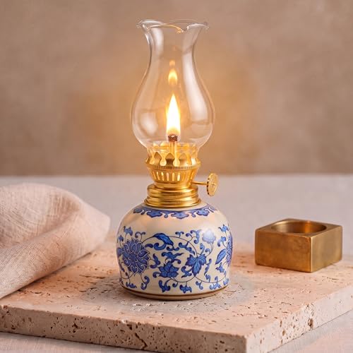 Vintage Ceramic Oil Lamp with Blue and White Chinoiserie Design