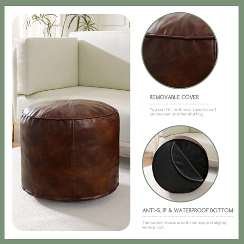 Round PU Leather Pouf Ottoman - 20x15 Inch Pre-Filled Foot Stool