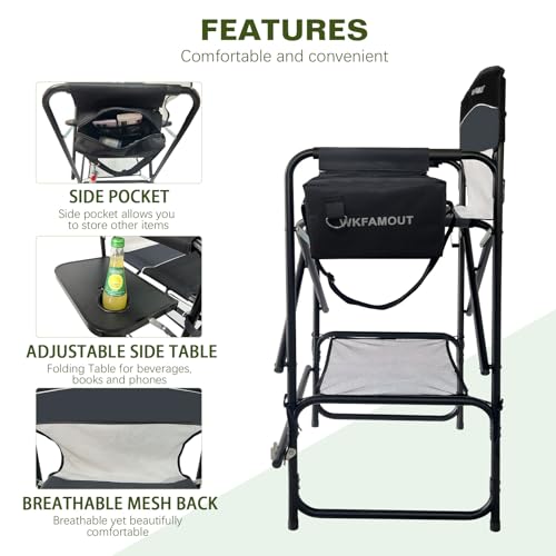 Tall Folding Director Chair with Side Table and Cosmetic Storage Bag