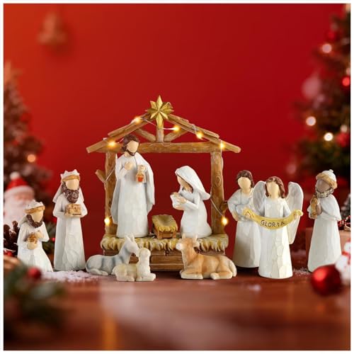 12-Piece Lighted Nativity Scene Set, Hand-Painted Resin Christmas Table Decor