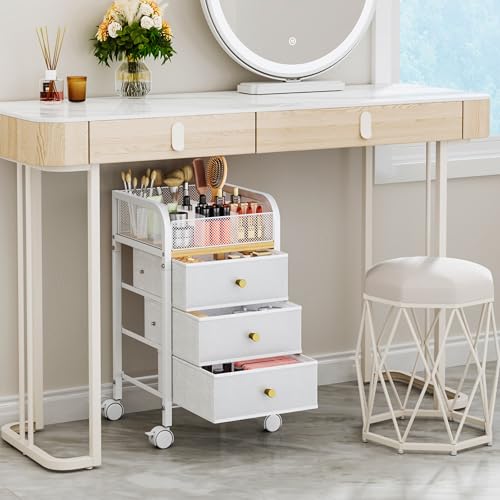 White 4-Tier Rolling Makeup Organizer Cart with 3 Drawers & 9 Compartments