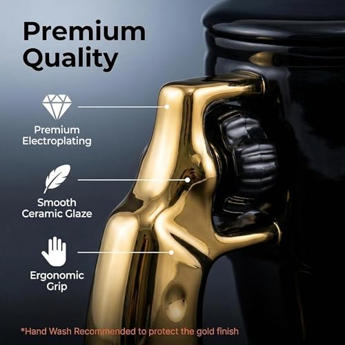 LUCYLANKER Revolver Gun Mug with Lid - 16 oz Gold Ceramic Coffee Tea Cup with Spin Handle, Novelty Gun Gift for Men & Enthusiasts