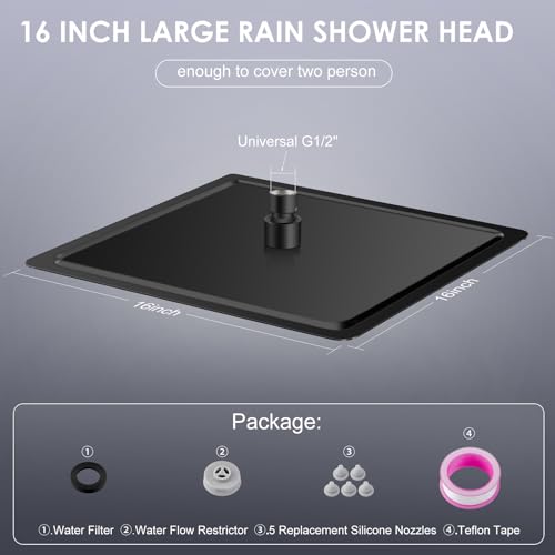 16-Inch Large Rain Shower Head, Matte Black Stainless Steel Rainfall Shower