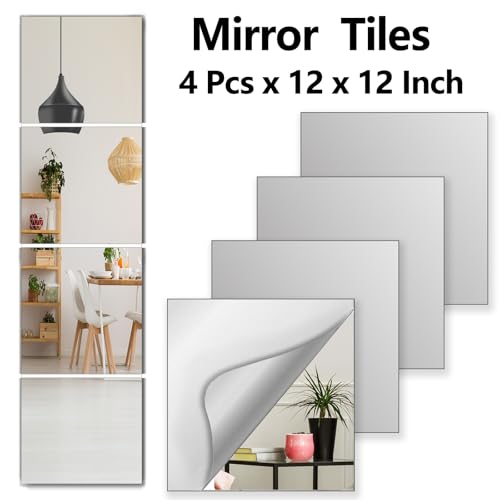 Shatterproof Acrylic Wall Mirror Tiles - 4 Pack 12x12 Inch Full Length Set
