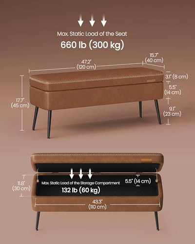 Mid-Century Modern Storage Ottoman Bench with Safety Hinges, Caramel Brown