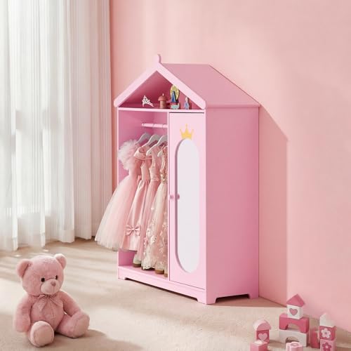 Kids Dress-Up Storage Closet with Mirror and Costume Organizer