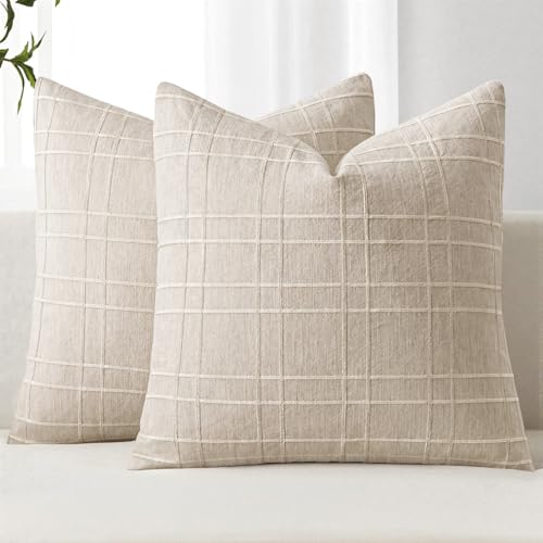 MIULEE Linen Plaid Throw Pillow Covers 20x20 - Set of 2 Neutral Cushion Covers