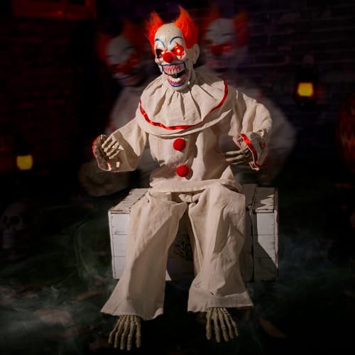 Animated Halloween Sitting Clown Animatronic Prop with Sound & Light-Up Eyes