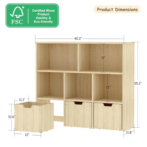 Solid Pine Wood Toy Organizer with 3 Rolling Drawers and 5 Storage Cubes
