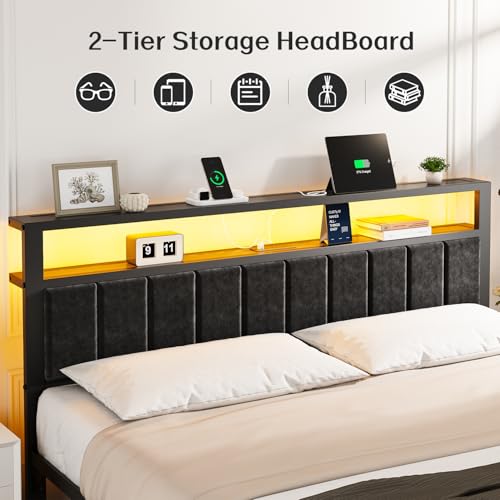 OLEVS King Bed Frame with Charging Station & RGB LED Lights - Black, Modern Platform Bed