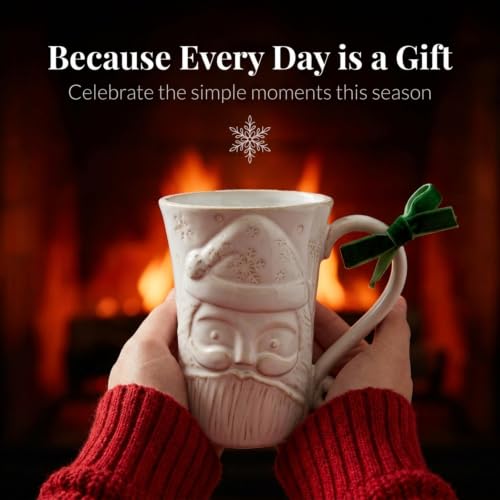 Mud Pie Santa Christmas Mug 12 oz Embossed Stoneware with Green Velvet Bow