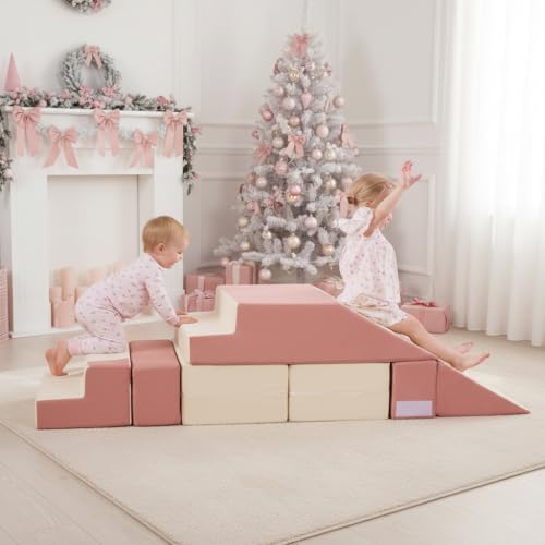 Modular Kids Foam Climbing Blocks and Soft Play Sofa Set, Beige & Pink