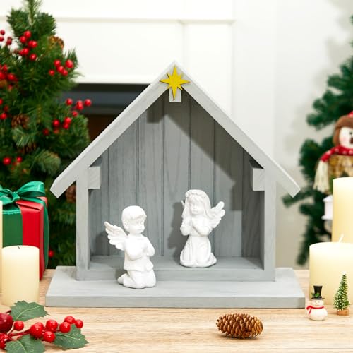 Gray Wooden Nativity Creche Scene - 13.5 x 12.5 Inch Christmas Stable Decor
