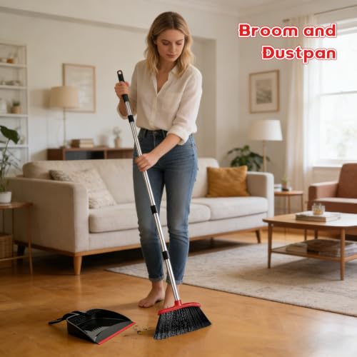 Broom and Step-On Dustpan Set with Adjustable Long Handle & Comb
