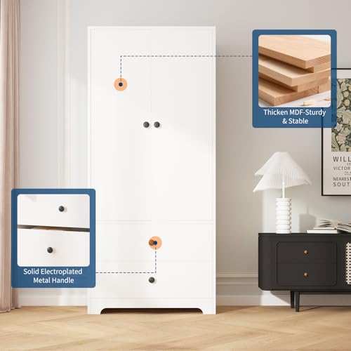 71-Inch Wooden Wardrobe Armoire with 2 Drawers and Adjustable Shelves
