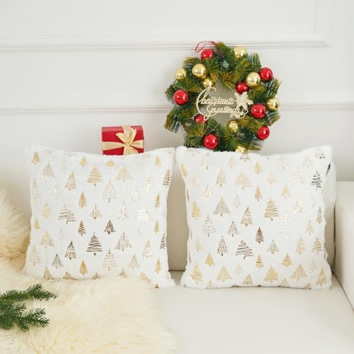 HOMFREEST Gold Christmas Trees Pillow Covers 18x18 Set of 2 White Xmax Soft Faux Fur Throw Pillowcases Winter Holiday Decorative Cushion Cases for Sofa Couch Home Decor