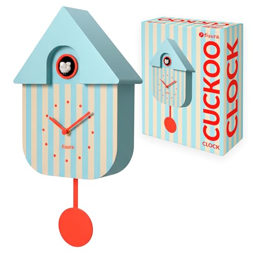 Modern Cuckoo Wall Clock with Pendulum - Blue and Beige Striped