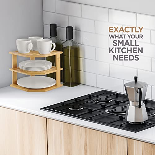 3-Tier Bamboo Corner Cabinet Organizer for Plates, Bowls, and Mugs