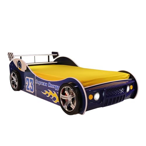 Twin Race Car Bed Frame for Kids with LED Headlights and Guardrails