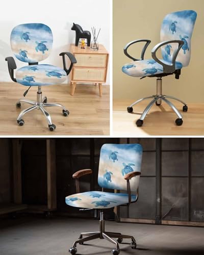Stretchable Blue Coastal Turtle Office Chair Cover Set