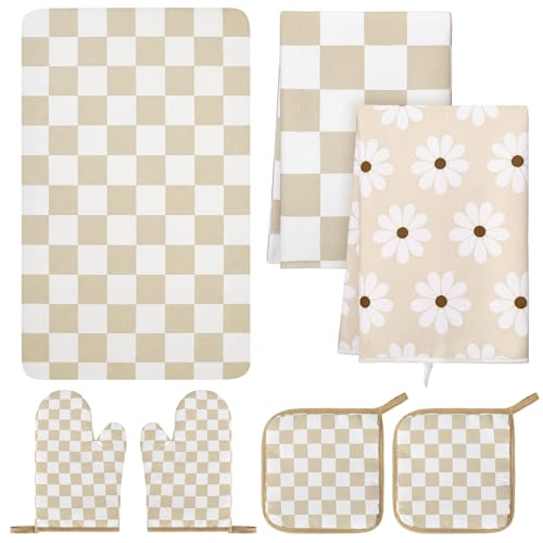 7-Piece Kitchen Decor Set, Beige Checkerboard Oven Mitts and Towels