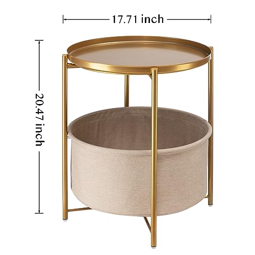 danpinera Gold Side Table with Removable Basket & Tray - Small Round Living Room Nightstand - Variation 1