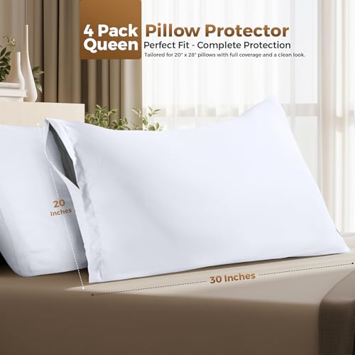 Zippered Pillow Protectors - Queen Size Brushed Microfiber, 4 Pack