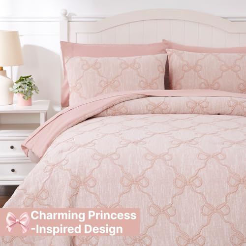 Pink Bow Twin Comforter Set with Sheets - 5-Piece Girls Bedding Set