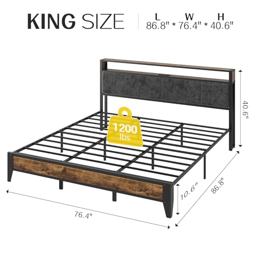 King Size Metal Platform Bed Frame with LED Headboard & Charging Station