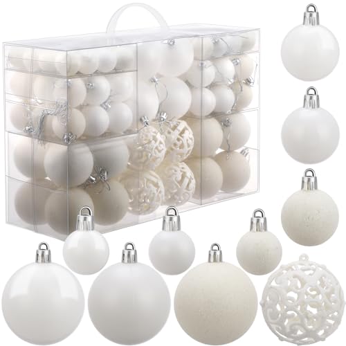 Yunsailing 100 Pcs Christmas Ball Ornaments Baubles - White (3 Sizes) Matte/Shiny/Hollow/Glitter