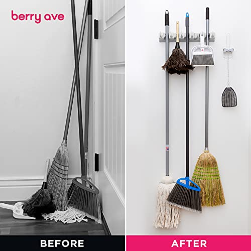 Broom Holder Wall Mount with 5 Slots and 6 Hooks White Mop Organizer