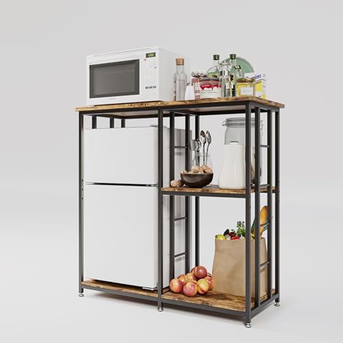 Vintage Brown COCOLUCKY Mini Fridge Stand with 4-Tier Storage, Microwave & Coffee Bar