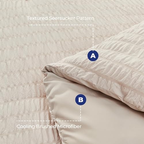 Beige Seersucker Queen Duvet Cover Set - 3-Piece Soft Microfiber Bedding
