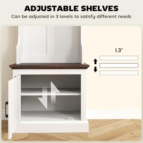 HOMCOM White Wood Grain Hall Tree with Shoe Storage, Coat Rack & Bench, 23.1 x 15.7 x 70.9 inches