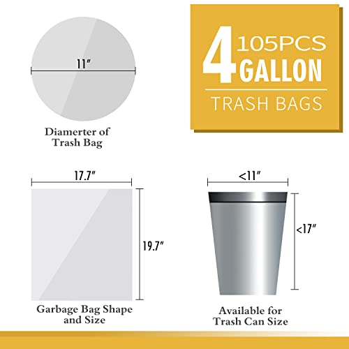4 Gallon Small Trash Bags (105 Count) - Leak-Proof Clear Wastebasket Liners