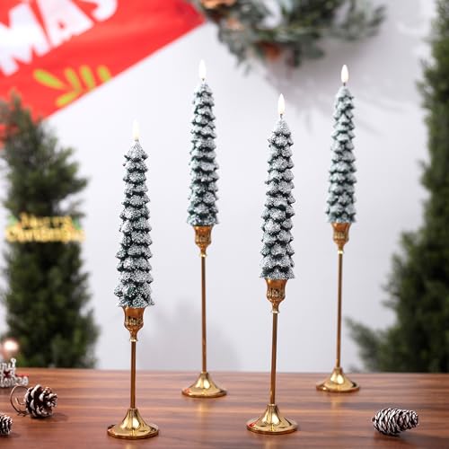 Snow Covered 4 Pack Flameless Christmas Tree Candles with Remote, 9.65 Inch LED Taper Candles