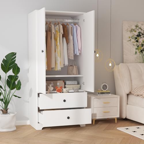 71-Inch Wooden Wardrobe Armoire with 2 Drawers and Adjustable Shelves