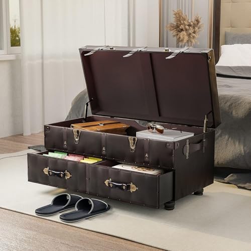 Vintage Faux Leather Storage Bench with Drawers and Hinged Lid