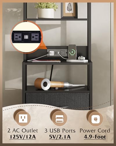 Tall Nightstand with Charging Station, LED Light and 4 Fabric Drawers