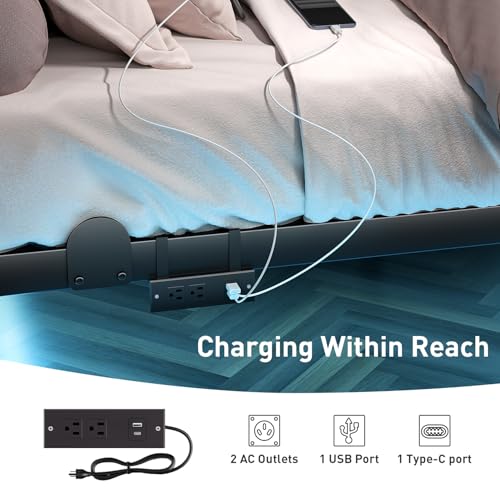 Queen Floating Bed Frame with LED Lights and Built-in Charging Station