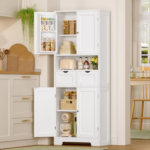 Tall Kitchen Pantry Cabinet with Adjustable Shelves and 2 Drawers, White