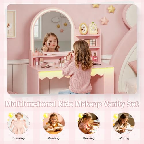 Kids Vanity Desk with LED Mirror, Bookshelf, and Chair Set - Pink