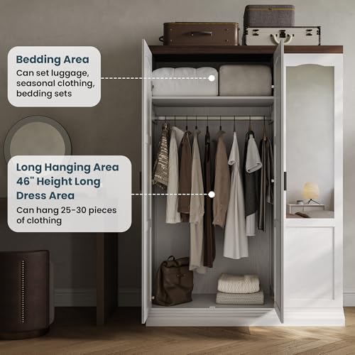 3-Door Wardrobe Closet with Mirror, Adjustable Shelves and Hanging Rods