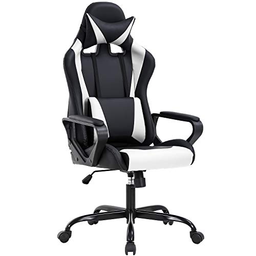 Ergonomic High-Back Gaming Chair with Lumbar Support, White PU Leather