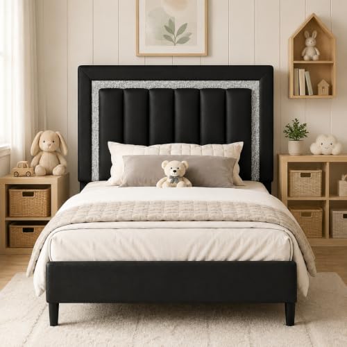 Twin Size Upholstered Platform Bed Frame with Diamond Tufted Headboard, Black