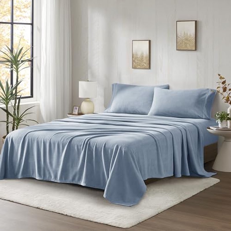 True North by Sleep Philosophy Micro Fleece Bed Sheet Set, Warm, Sheets with 14" Deep Pocket, for Cold Season Cozy Sheet-Set, Matching Pillow Case, Twin XL, Blue, 3 Piece