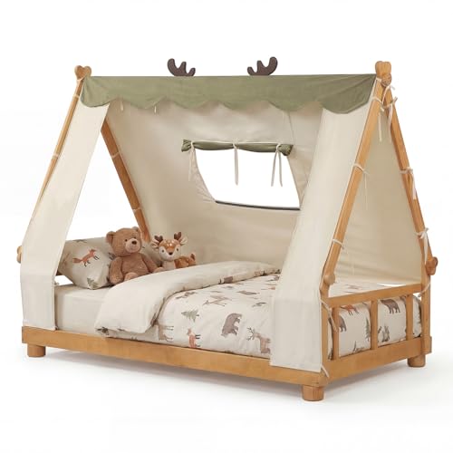 Twin House Floor Bed for Kids with Canopy, Fence Rails & Wood Slat Support