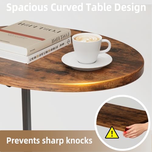 2-Tier C-Shaped Folding Side Table, Compact Metal & Wood Sofa End Table