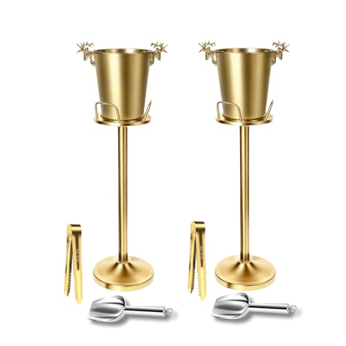 TOSELBAI Champagne & Ice Bucket Set with Stand - Large 5L Gold Stainless Steel, Includes Tongs & Scoop (2 Pack)